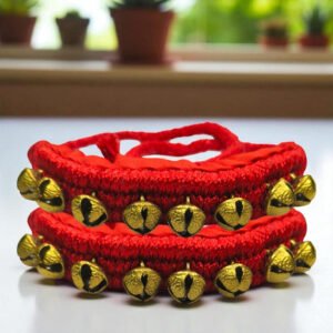 Brass Ghungroo Red Pad 1.6 Cm Bells Size Indian Professional Handmade Dancing for Bharatanatyam and Classical Dance Accessories || Anklet for Kids and Adults (1 Line pad (8+8) Bells)