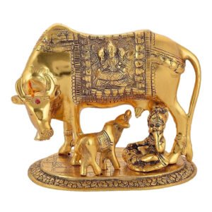 Brass Metal Kamdhenu Cow with Calf and Gopal Showpiece (4 Inches Length, Golden)