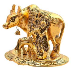 Alternative view of Brass Metal Kamdhenu Cow with Calf and Krishna Idol Showpiece for Home Décor and Decorative Gift (4 Inches Length)