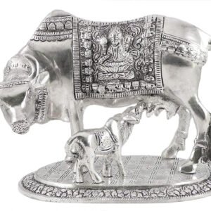 White Metal Kamdhenu Cow with Calf Idol Showpiece for Home Décor and Decorative Gift (4 Inches Length)