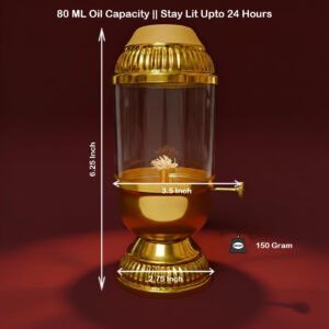 Brass Diya Oil Lamp Lanterns with Borosilicate Glass Cover, Adjustable Bati Knob, Wick Lifting Screw Lever, Wick Included || Akhanda Jyoti Deepak for Pooja - Image 3