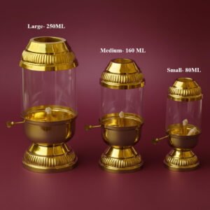 Brass Diya Oil Lamp Lanterns with Borosilicate Glass Cover, Adjustable Bati Knob, Wick Lifting Screw Lever, Wick Included || Akhanda Jyoti Deepak for Pooja - Image 4