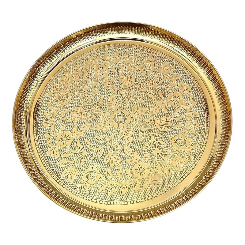 Pure Brass Flower Embossed Design Pooja Plate || Brass Pooja Thali (11 Inch Diameter) - Image 3