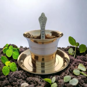 Alternative view of Brass Indian Traditional Handcraft Panchpatra with Spoon & Plate | Antique Panchpatra Set with Achamani & Thali for Pooja, Temple, Diwali (4cm)