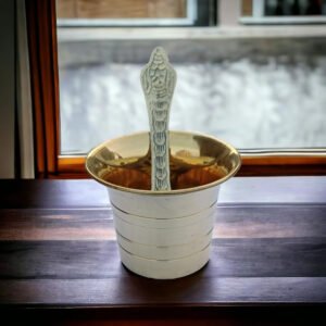 Alternative view of Brass Panchpatra Set with Achamani, Indian Traditional Handcraft Panchpatra with Spoon for Pooja, Temple, Diwali (6cm)