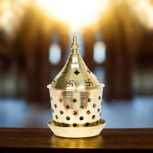 Brass Akhand Diya Oil Lamp with Designer Round Hole Cover Lantern Diya for Puja, Home Decor and Diwali || Brass Table Akhand Jyot Diya