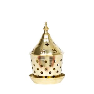 Alternative view of Brass Akhand Diya Oil Lamp with Designer Round Hole Cover Lantern Diya for Puja, Home Decor and Diwali || Brass Table Akhand Jyot Diya