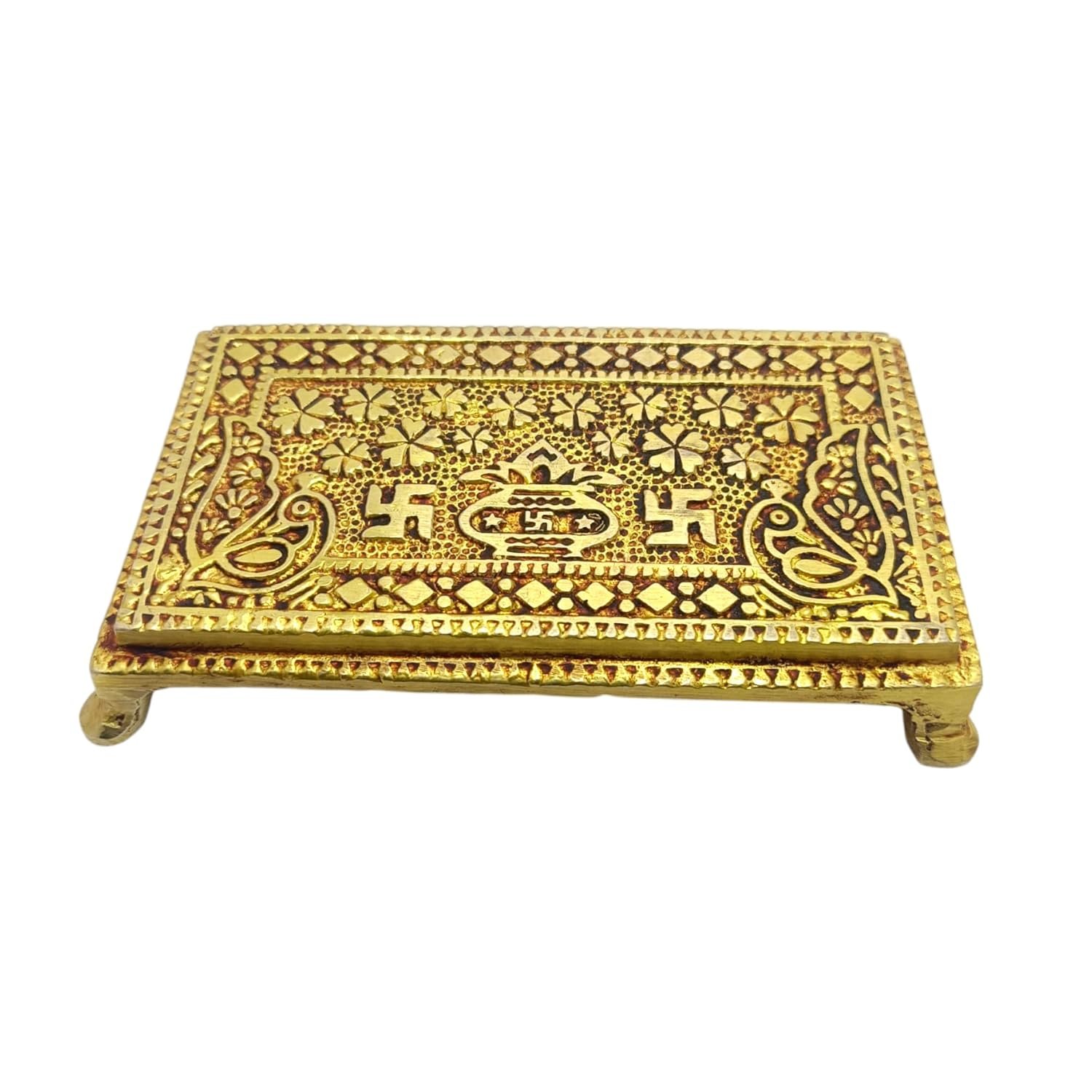Premium Brass Antique Finish ChowkI in Square Shaped || Handcrafted Embossed Designed Chawki Peetha Peeta God's Stool for Home Pooja Mandir(14 * 8 * 2.5 CM)