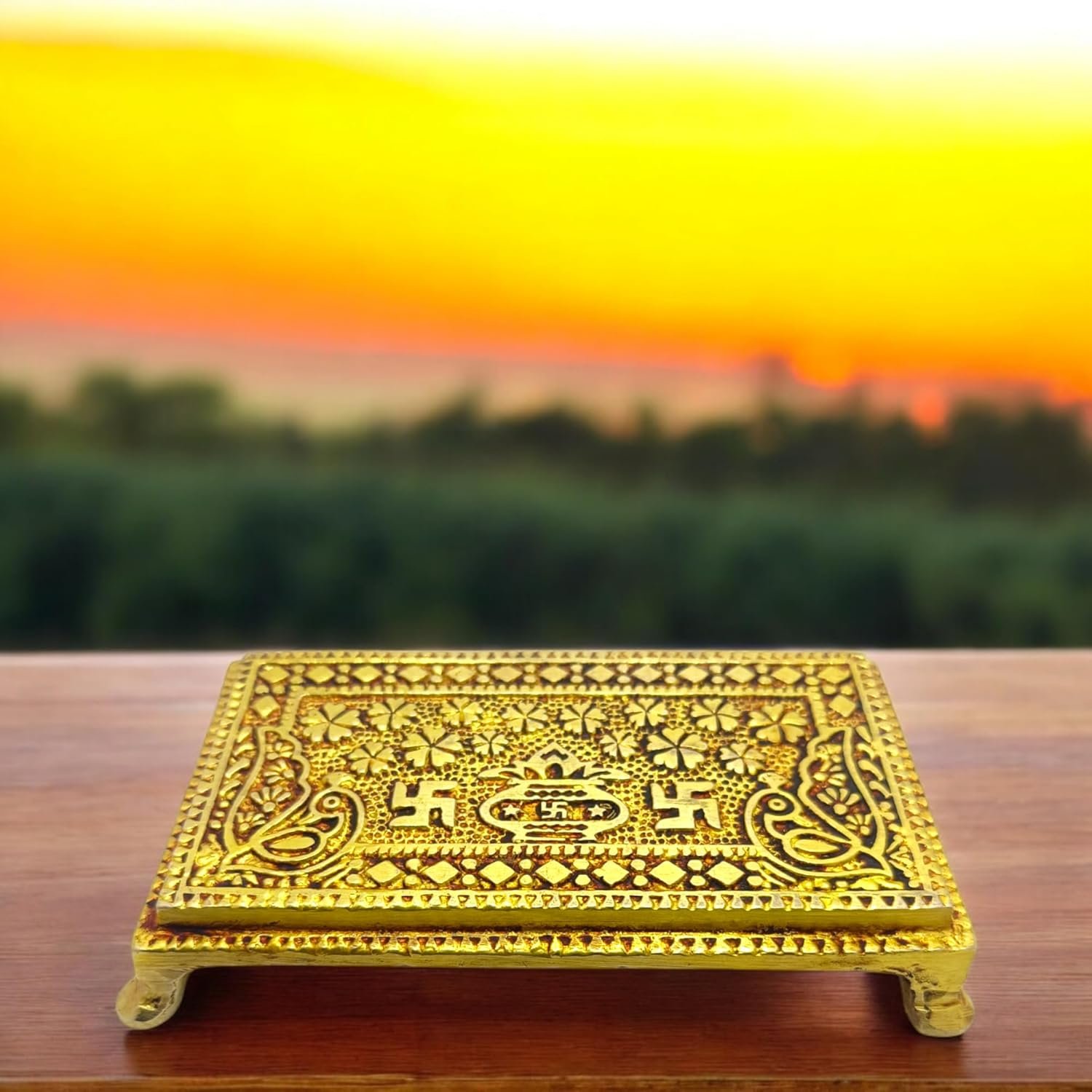 Premium Brass Antique Finish ChowkI in Square Shaped || Handcrafted Embossed Designed Chawki Peetha Peeta God's Stool for Home Pooja Mandir(14 * 8 * 2.5 CM) - Image 2