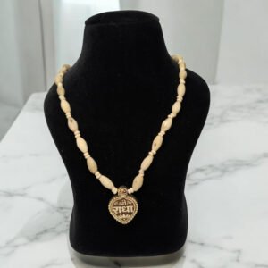 Alternative view of Original Tulsi Mala with Sri_Radha Name Antique Pan Shape Small Locket ||Handmade Natural Kanthi Manufacturing in Vrindavan