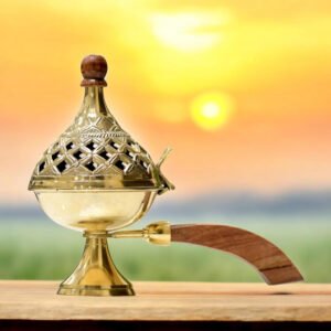Alternative view of Brass Dhoop Dani with Wooden Handle || Loban Burner with Handle (23 * 21.5 * 11.5IN)