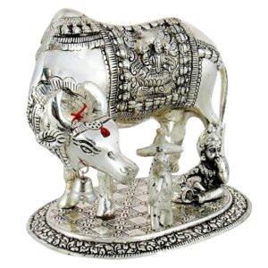 Alternative view of Metal Kamdhenu Cow with Calf and Gopal Showpiece, Silver, 4 Inches Length, Traditional Style, Religious Decor, Home Decoration