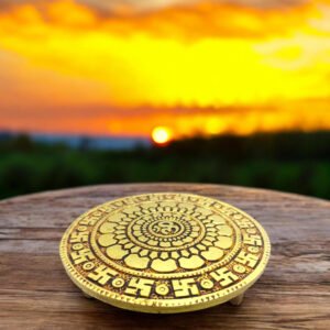 Alternative view of Brass Round Swastik Embossed Design Mandir Pooja Chowki ||Brass Gold Antique Finish Swastik Design Chowki for Home Pooja Mandir (8 * 8 * 2)