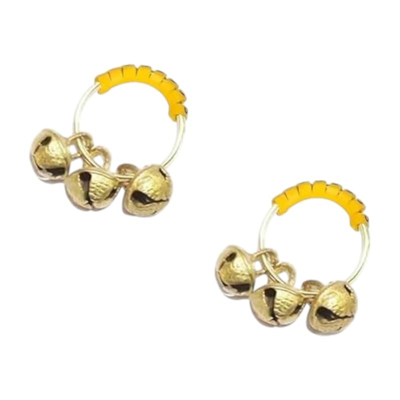 Pure Brass Ghungroos Yellow Rubber Kadi, Clapping Finger Ring for Bhajan, Unsiex Adult Gifting Small Bells Lord Godess Pooja Aarti & All Religious Celebration (Pair of 1)