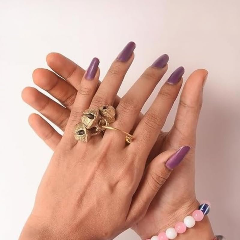 Pure Brass Ghungroos Yellow Rubber Kadi, Clapping Finger Ring for Bhajan, Unsiex Adult Gifting Small Bells Lord Godess Pooja Aarti & All Religious Celebration (Pair of 1) - Image 3