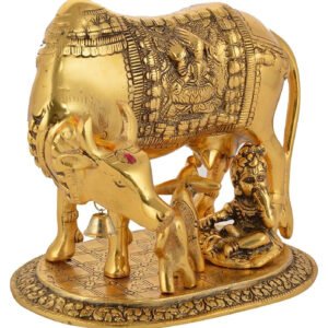 Alternative view of Brass Metal Kamdhenu Cow with Calf and Gopal Idol Showpiece for Home Décor and Decorative Gift (6.5 Inches Length)