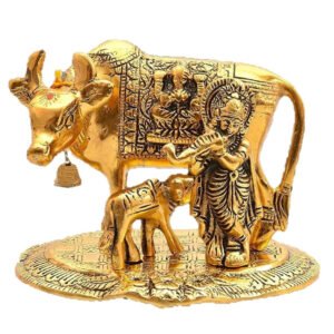Brass Metal Kamdhenu Cow with Calf and Krishna Idol Showpiece for Home Décor and Decorative Gift Item (24CM Length)