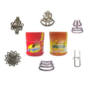 Pack of 6 Metal Tilak Stamp, Roli, Yellow Chandan (Keshar Chandan Tika) and Gopi Chandan || Vaishnava Tilak Stamp Combo Set