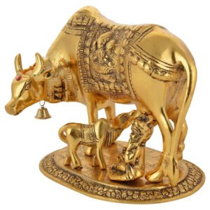 Alternative view of Brass Metal Kamdhenu Cow with Calf and Gopal Idol Showpiece for Home Décor and Decorative Gift (9 Inches Length)