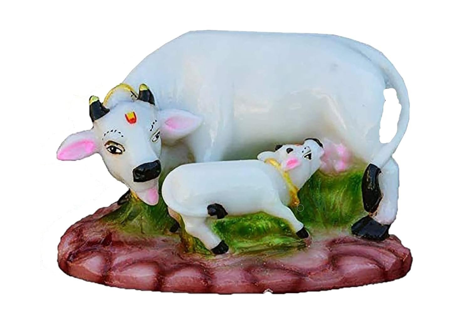 Marble Cow with Calf Idol for Home Decor (White, 8.5 Inches Length)