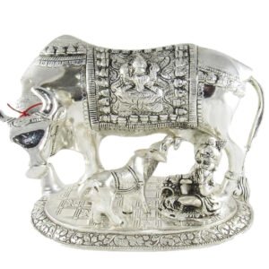 White Metal Kamdhenu Cow with Calf and Gopal Idol Showpiece for Home Décor and Decorative Gift (6.5 Inches Length)