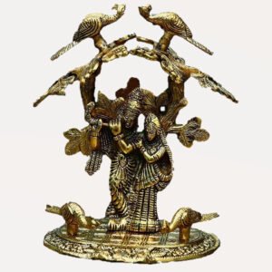 Brass Metal Radha Krishna Idol Statue with Peacock Sitting Under Kadam Tree Idol Showpiece for Home Décor and Decorative Gift