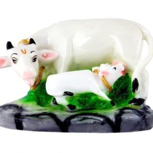 Marble Cow with Calf Idol Showpiece for Home Décor and Decorative Gift Item (8.5 Inches Length) Religious, Home Temple Decoration